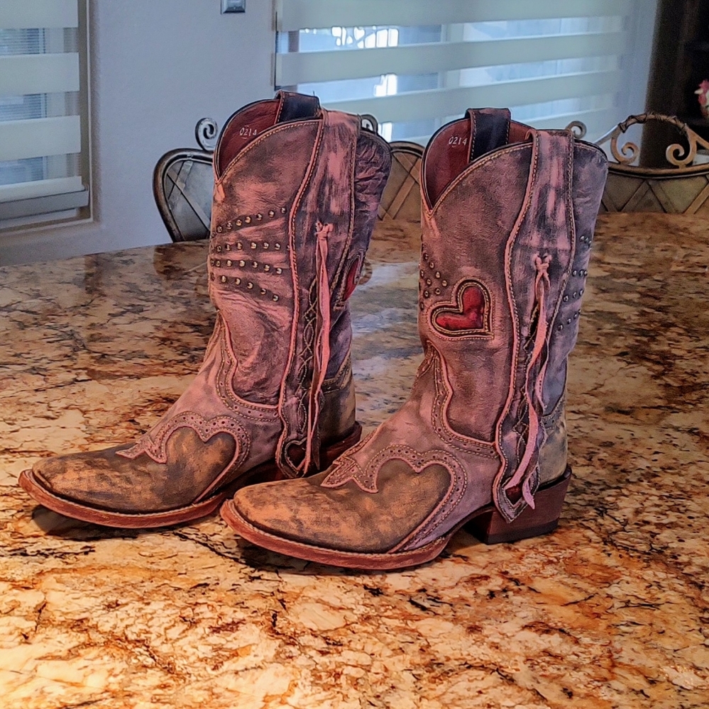 Dan Post Distressed Brown Leather Studded Western Heeled Boots - Picture 4 of 14